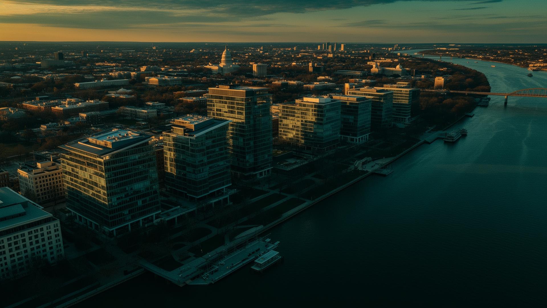 Aerial drone view of the Washington DC waterfront at golden hour